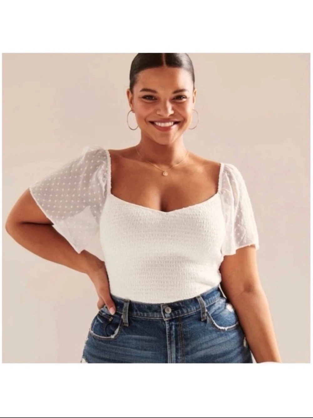 Abercrombie & Fitch White Smocked Swiss Dot Flutter Sleeve Crop Top Small
